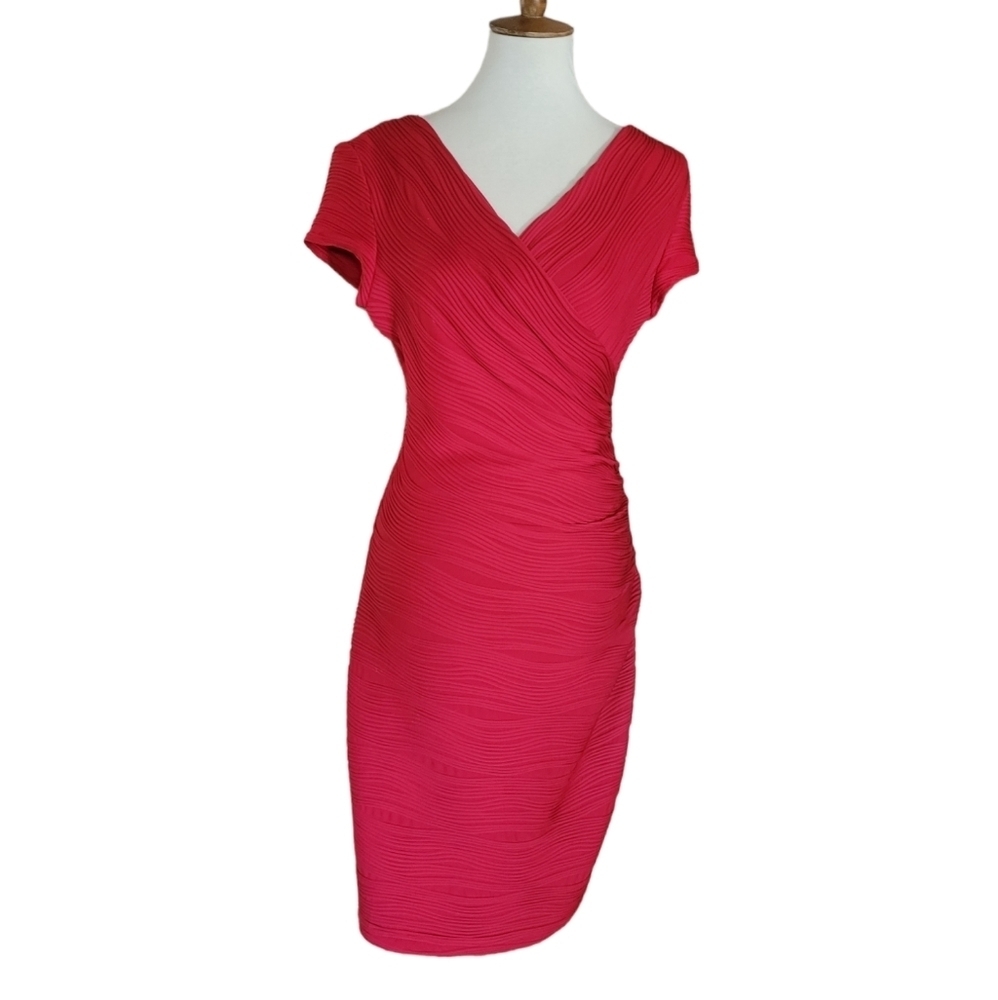 Joseph Ribkoff Red Ruched Textured Faux Wrap‎ Dress - Picture 3 of 8